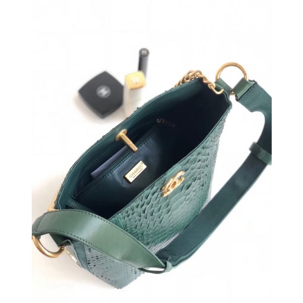 Chanel Button Up Python & Grosgrain Small Hobo Handbag A57573 Green 2018 Collection