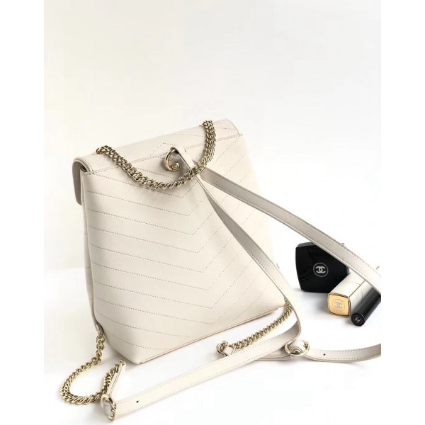 Chanel Coco Chevron Calfskin Backpack A57555 White 2018 Collection