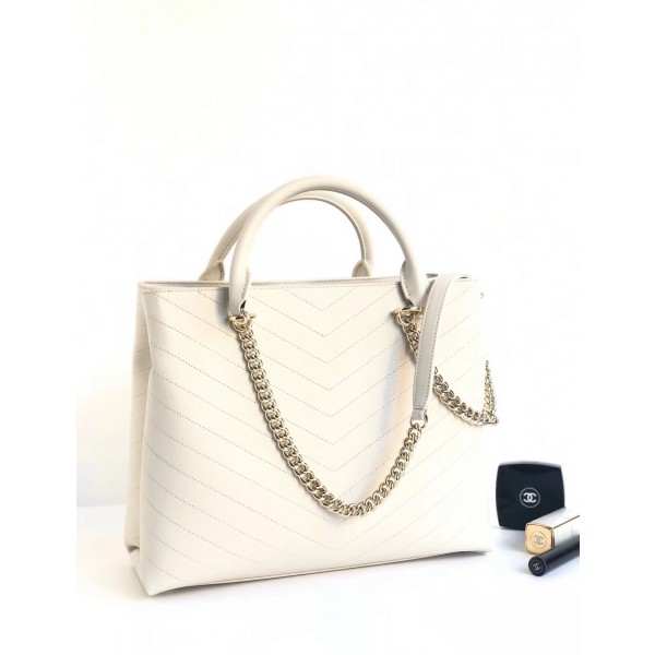 Chanel Coco Chevron Calfskin Large Shopping Bag A57553 White 2018 Collection