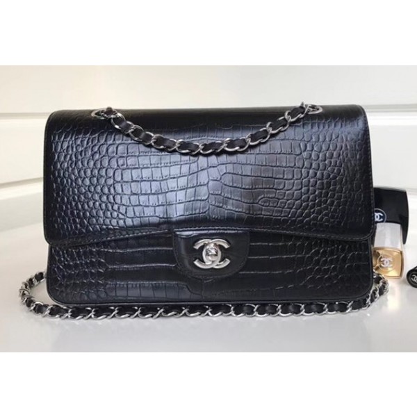 Chanel Alligator Textured Pattern Classic Flap Bag A01112 Black 2018