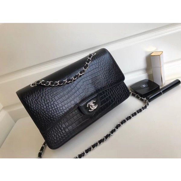 Chanel Alligator Textured Pattern Classic Flap Bag A01112 Black 2018