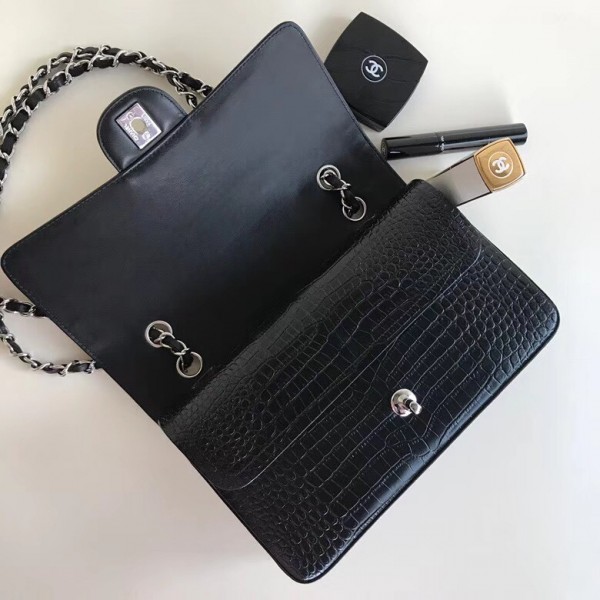 Chanel Alligator Textured Pattern Classic Flap Bag A01112 Black 2018