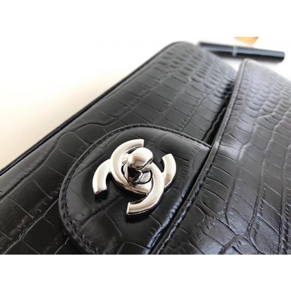 Chanel Alligator Textured Pattern Classic Flap Bag A01112 Black 2018