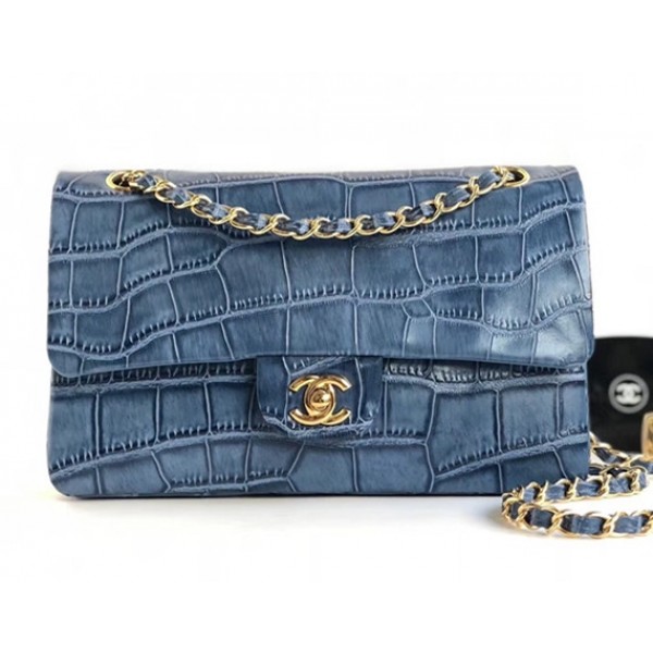 Chanel Alligator Textured Pattern Classic Flap Bag A01112 Blue 2018