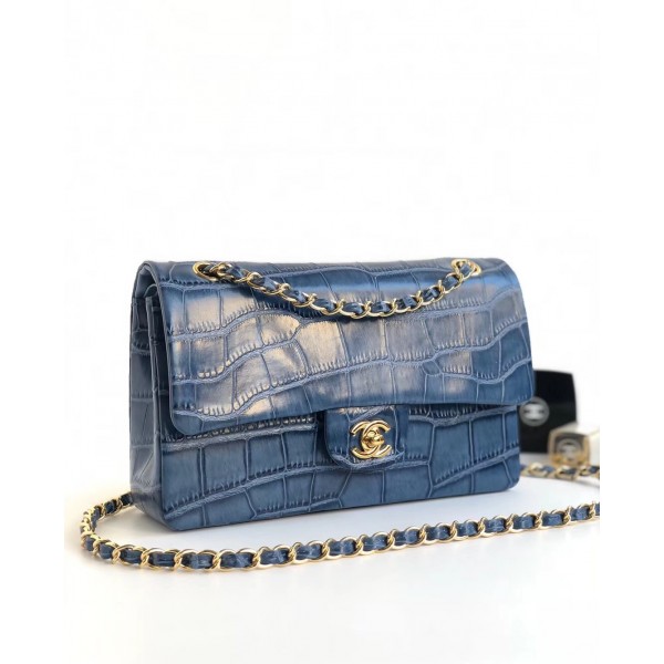 Chanel Alligator Textured Pattern Classic Flap Bag A01112 Blue 2018