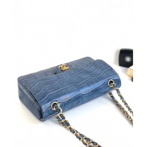 Chanel Alligator Textured Pattern Classic Flap Bag A01112 Blue 2018