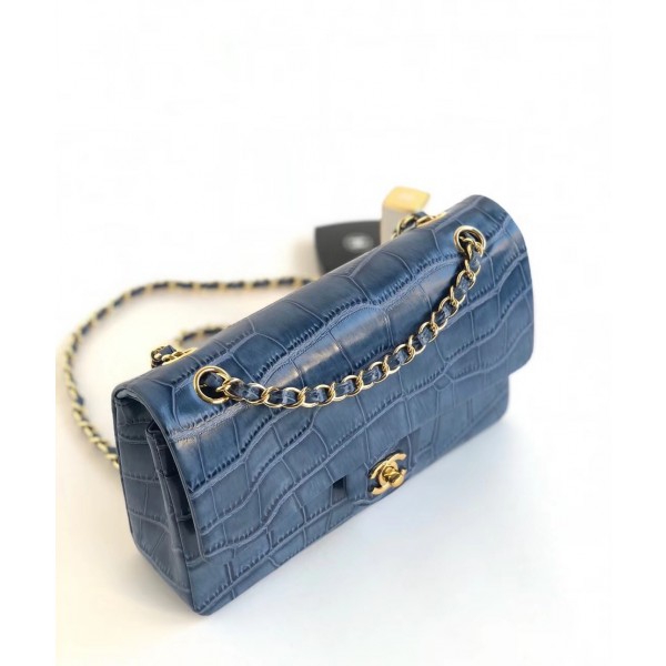 Chanel Alligator Textured Pattern Classic Flap Bag A01112 Blue 2018