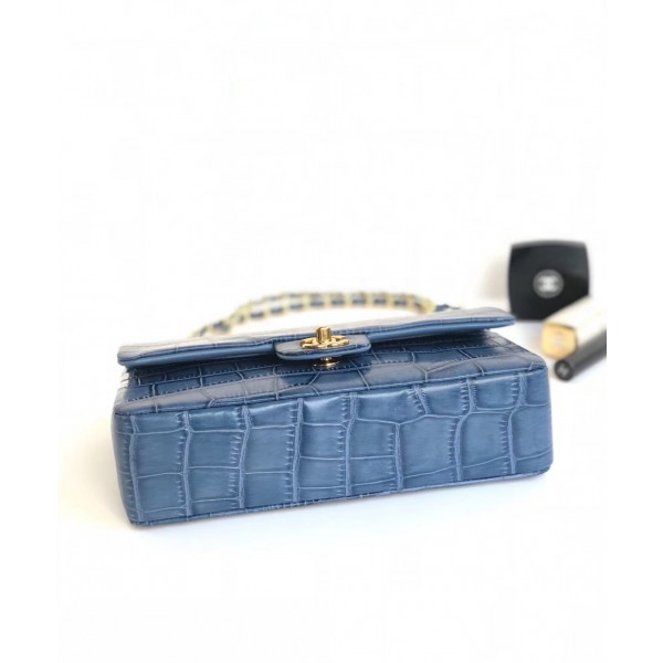 Chanel Alligator Textured Pattern Classic Flap Bag A01112 Blue 2018
