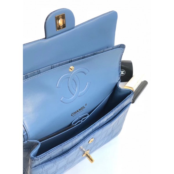 Chanel Alligator Textured Pattern Classic Flap Bag A01112 Blue 2018