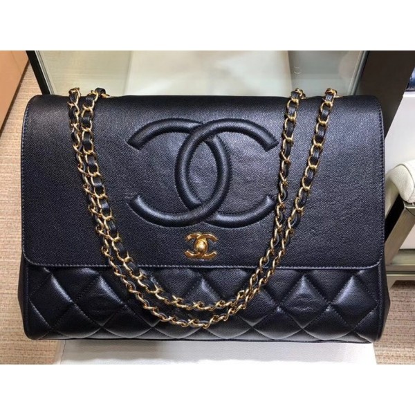 Chanel Grained Calfskin Flap Shoulder Bag A92233 Navy Blue 2018