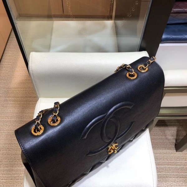 Chanel Grained Calfskin Flap Shoulder Bag A92233 Navy Blue 2018