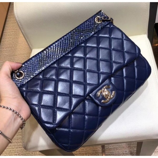 Chanel Lambskin/Python Flap Bag A57947 Blue 2018