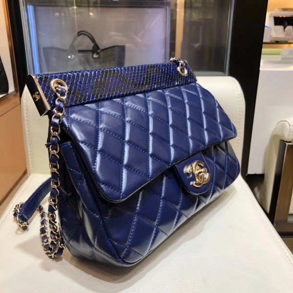Chanel Lambskin/Python Flap Bag A57947 Blue 2018