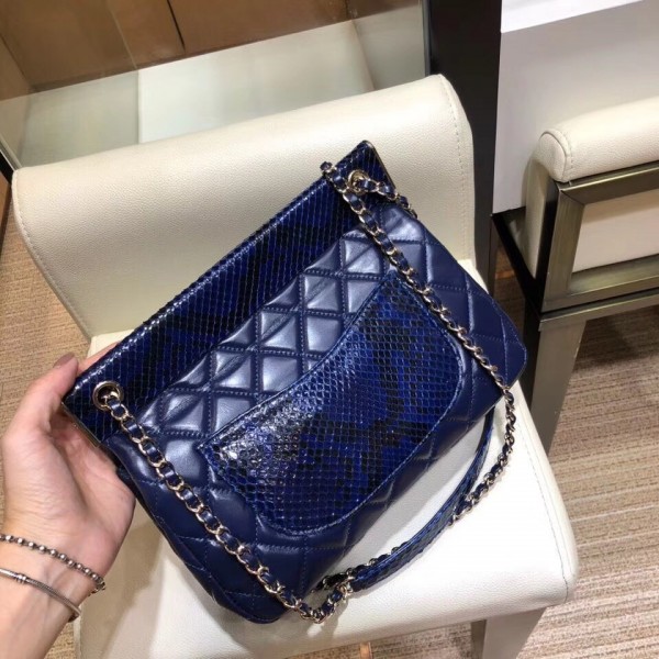 Chanel Lambskin/Python Flap Bag A57947 Blue 2018