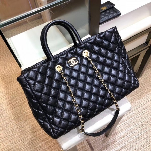Chanel Quilting Aged Calfskin Large Shopping Bag A93525 Black 2018