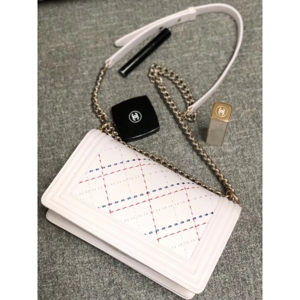Chanel Embroidered Boy Chanel Medium Flap Bag White 2019
