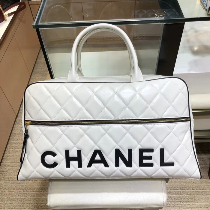 Chanel Calfskin Bowling Travel Tote Bag White 2018