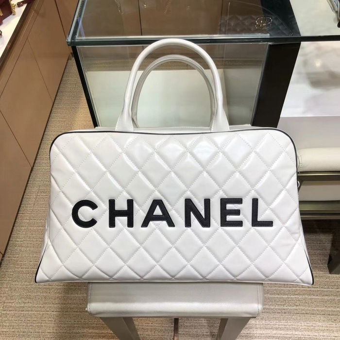 Chanel Calfskin Bowling Travel Tote Bag White 2018