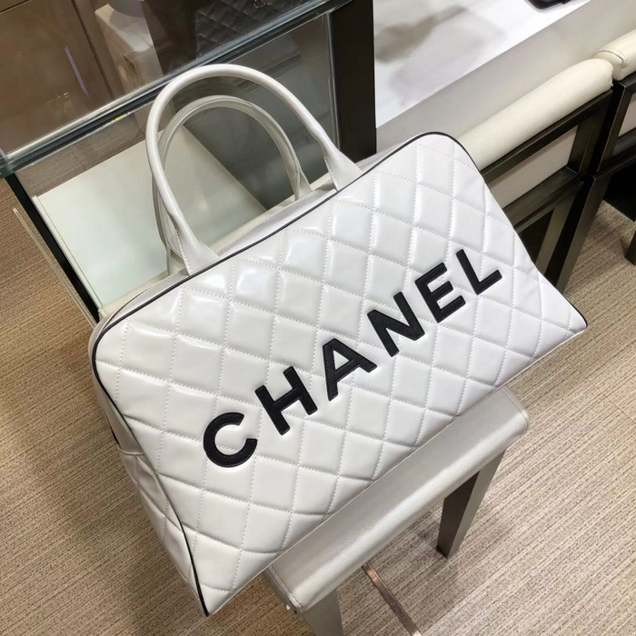Chanel Calfskin Bowling Travel Tote Bag White 2018