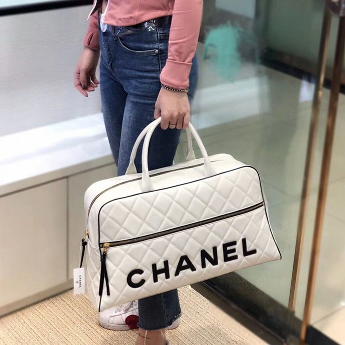 Chanel Calfskin Bowling Travel Tote Bag White 2018