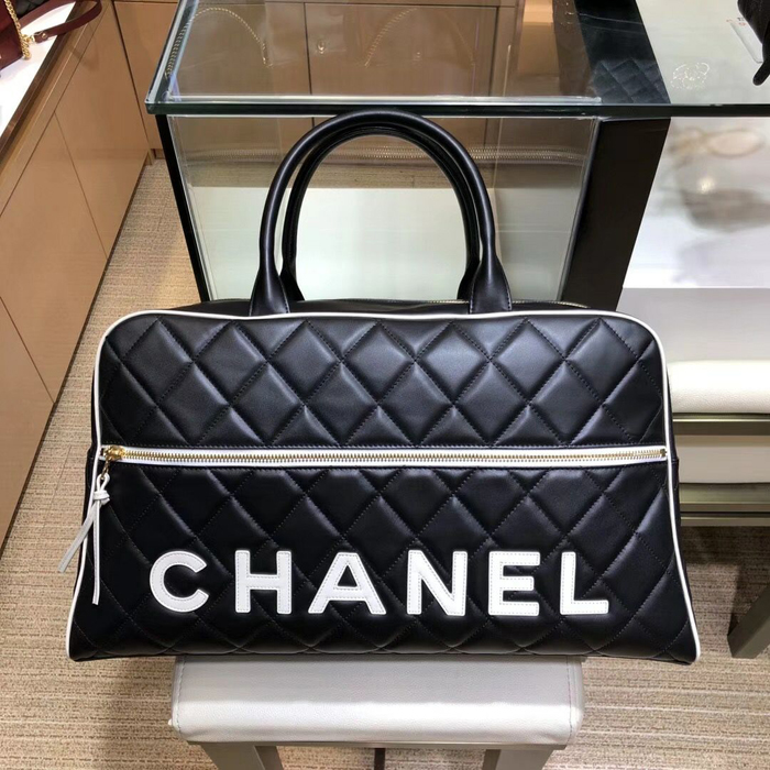 Chanel Calfskin Bowling Travel Tote Bag Black 2018