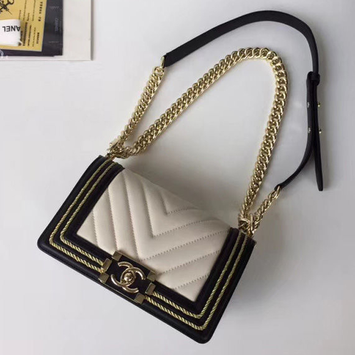 Chanel Calfskin Braid Small Boy Bag A67085 White Navy Blue 2018