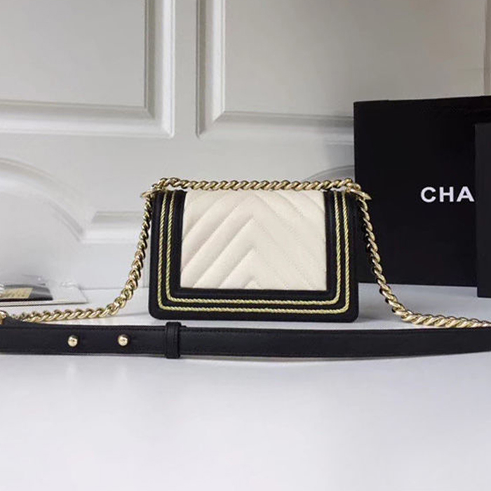 Chanel Calfskin Braid Small Boy Bag A67085 White Navy Blue 2018