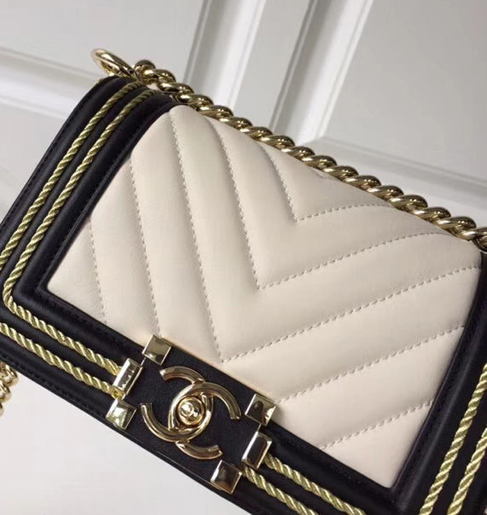 Chanel Calfskin Braid Small Boy Bag A67085 White Navy Blue 2018