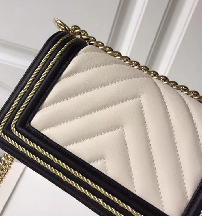 Chanel Calfskin Braid Small Boy Bag A67085 White Navy Blue 2018