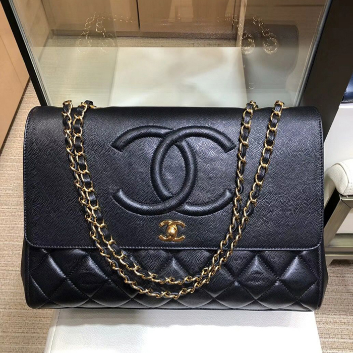 Chanel Grained Calfskin Flap Shoulder Bag A92233 Navy Blue 2018