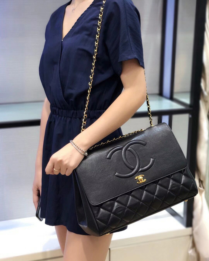 Chanel Grained Calfskin Flap Shoulder Bag A92233 Navy Blue 2018