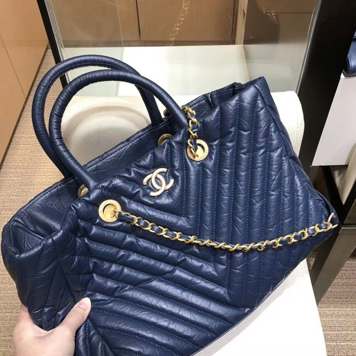 Chanel Chevron Aged Calfskin Large Shopping Bag A57974 Navy Blue 2018