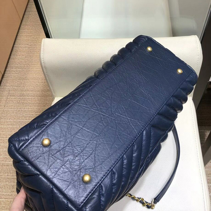 Chanel Chevron Aged Calfskin Large Shopping Bag A57974 Navy Blue 2018