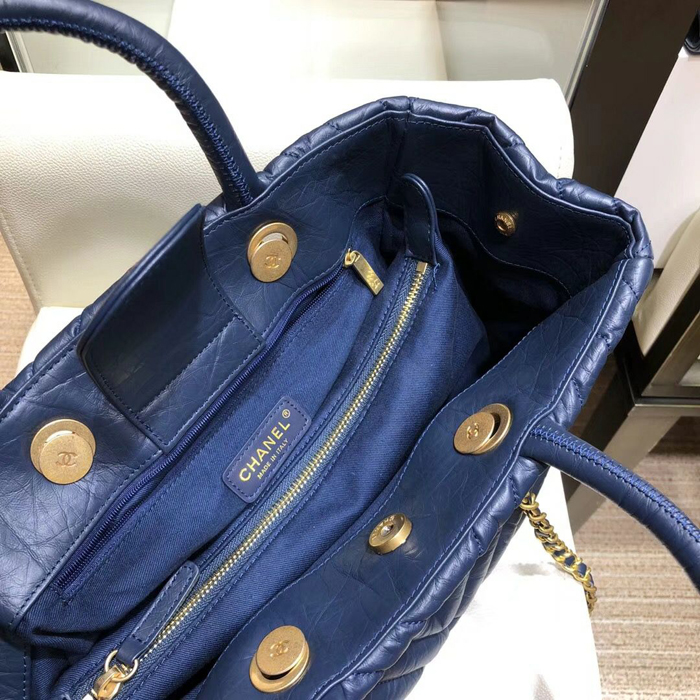 Chanel Chevron Aged Calfskin Large Shopping Bag A57974 Navy Blue 2018