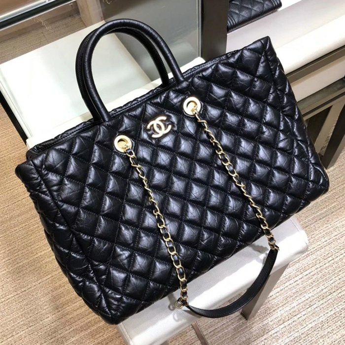 Chanel Quilting Aged Calfskin Large Shopping Bag A93525 Black 2018