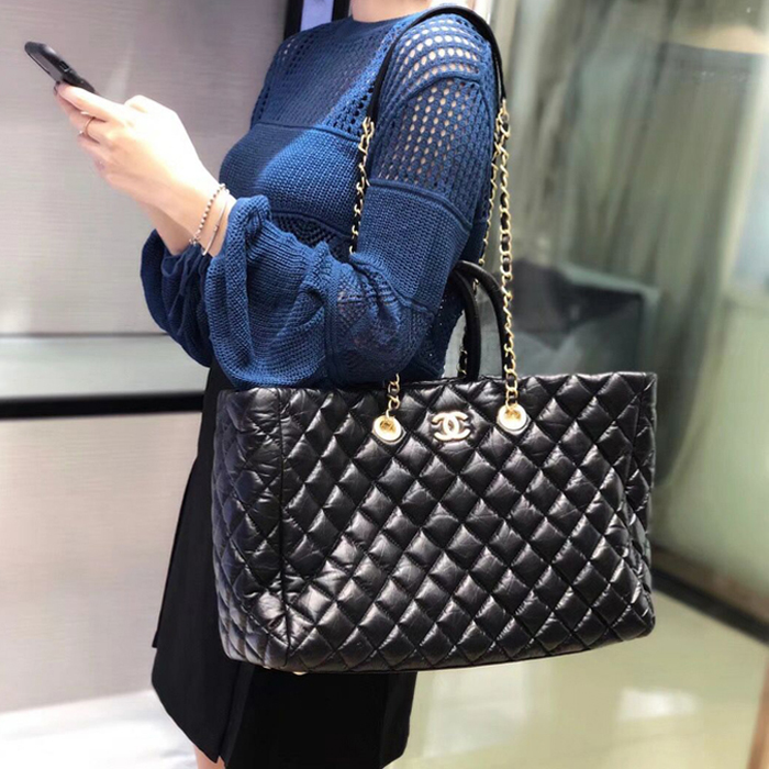 Chanel Quilting Aged Calfskin Large Shopping Bag A93525 Black 2018