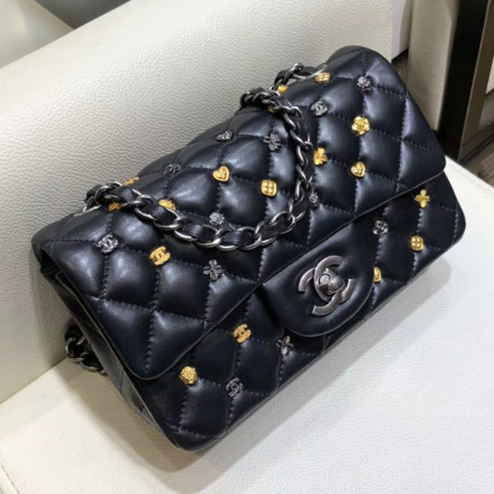 Chanel 18K Charms Mini Classic Flap Bag A69900 Black Silver 2018