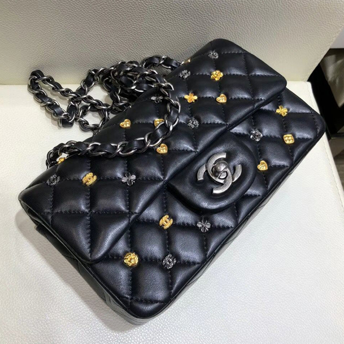 Chanel 18K Charms Mini Classic Flap Bag A69900 Black Silver 2018