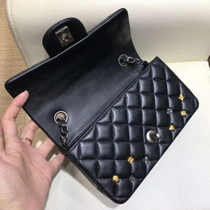 Chanel 18K Charms Mini Classic Flap Bag A69900 Black Silver 2018