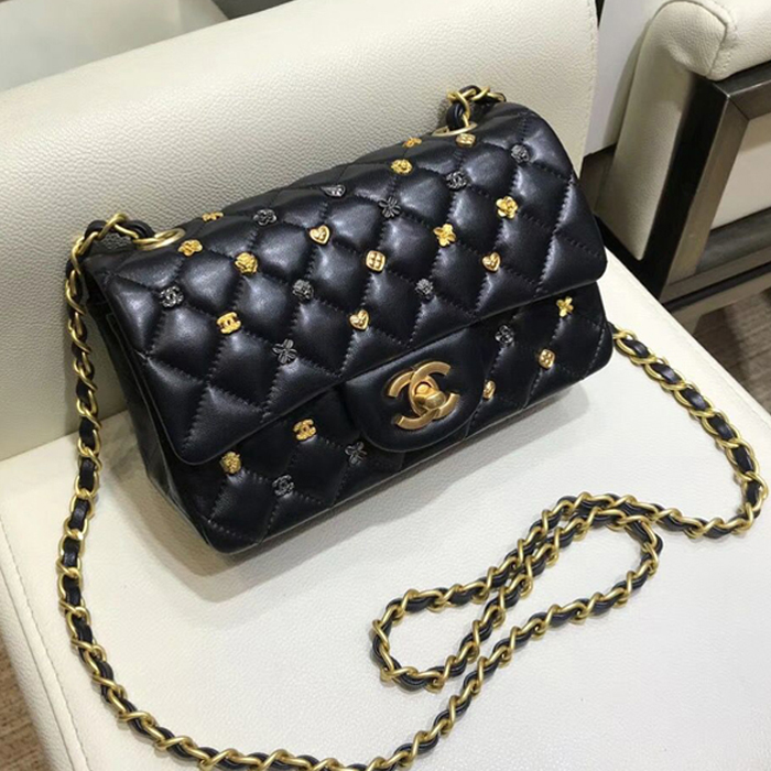 Chanel 18K Charms Mini Classic Flap Bag A69900 Black Gold 2018