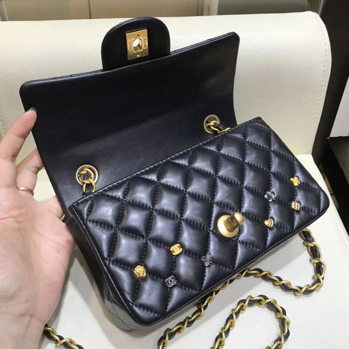 Chanel 18K Charms Mini Classic Flap Bag A69900 Black Gold 2018