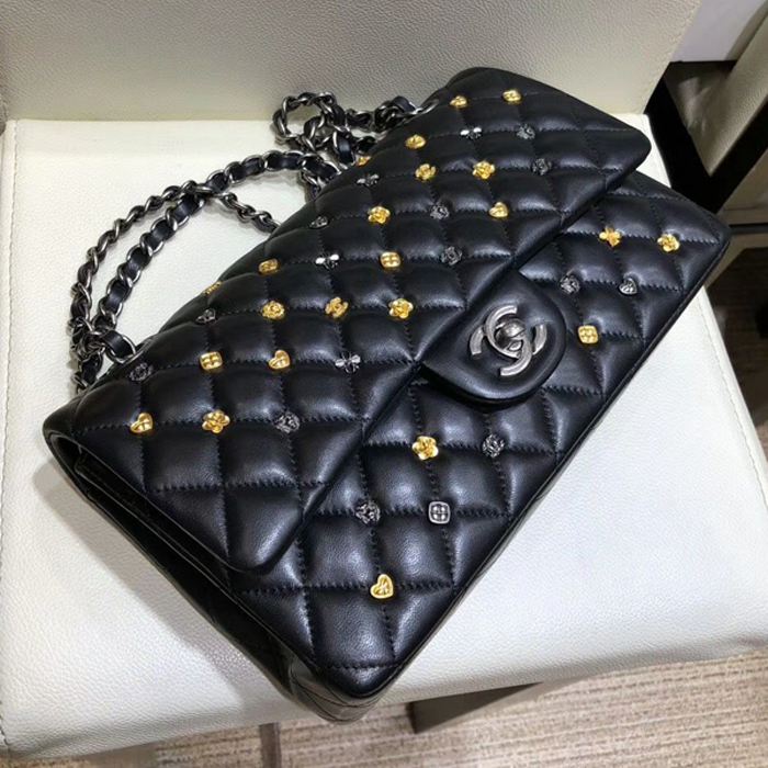 Chanel 18K Charms Medium Classic Flap Bag A01112 Black Silver 2018