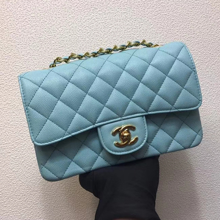 Chanel Classic Mini Flap Bag 20cm Light Blue Grained Calfskin Gold-Tone Metal