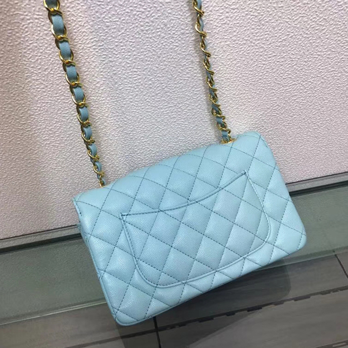 Chanel Classic Mini Flap Bag 20cm Light Blue Grained Calfskin Gold-Tone Metal