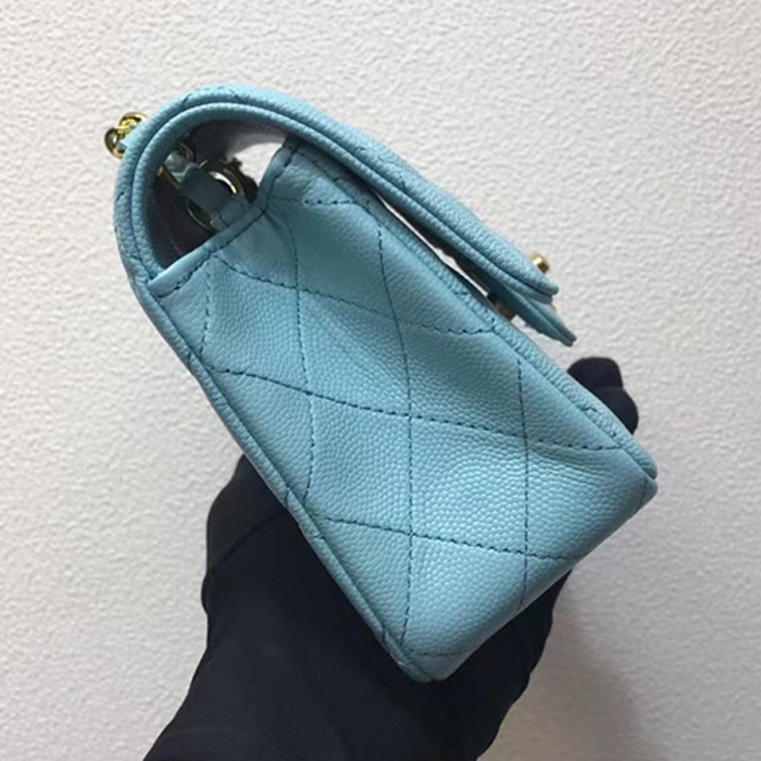 Chanel Classic Mini Flap Bag 20cm Light Blue Grained Calfskin Gold-Tone Metal