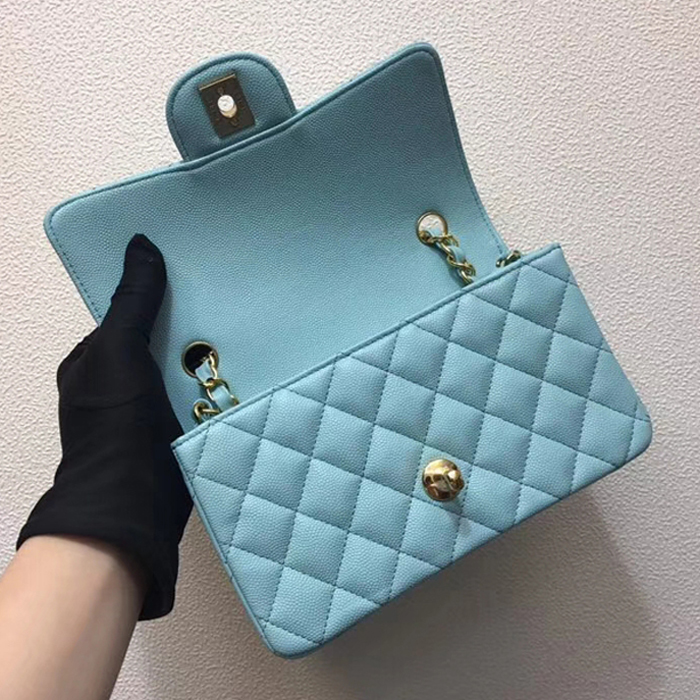 Chanel Classic Mini Flap Bag 20cm Light Blue Grained Calfskin Gold-Tone Metal