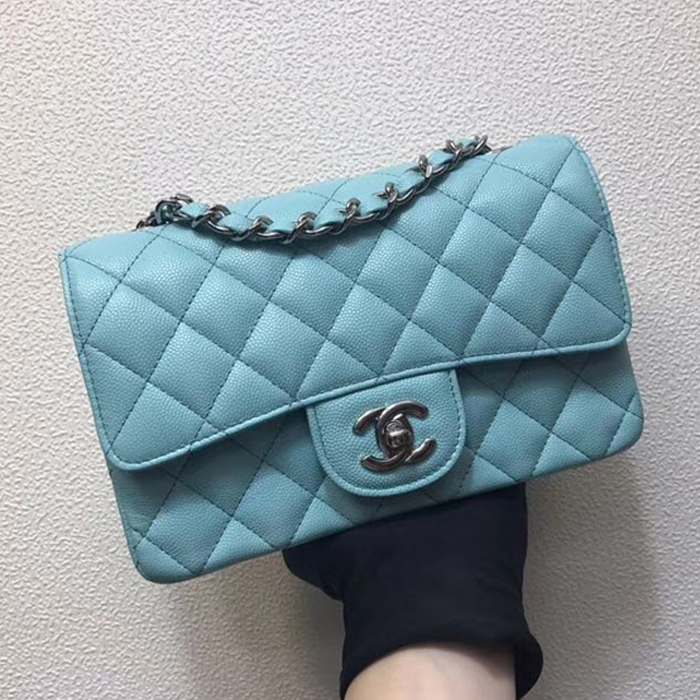 Chanel Classic Mini Flap Bag 20cm Light Blue Grained Calfskin Silver-Tone Metal