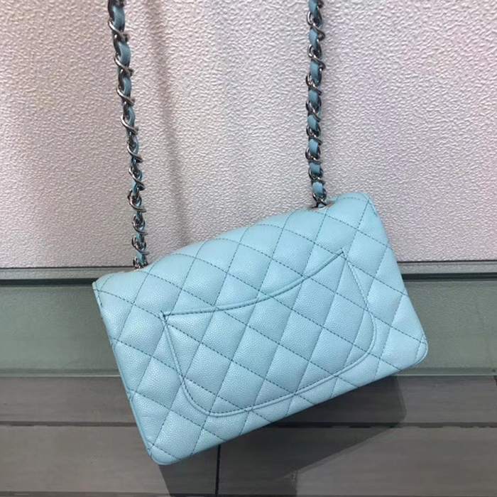 Chanel Classic Mini Flap Bag 20cm Light Blue Grained Calfskin Silver-Tone Metal