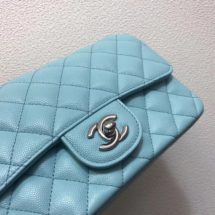 Chanel Classic Mini Flap Bag 20cm Light Blue Grained Calfskin Silver-Tone Metal