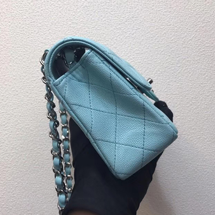 Chanel Classic Mini Flap Bag 20cm Light Blue Grained Calfskin Silver-Tone Metal